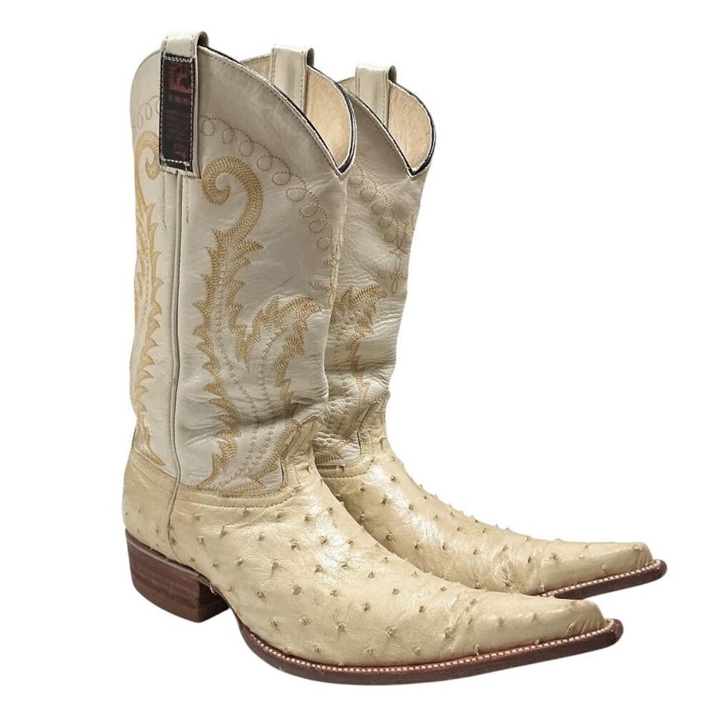 El Malcreado Cowboy Boots Men 9-9.5 D Ivory Ostrich Leather Long Pointed Toe